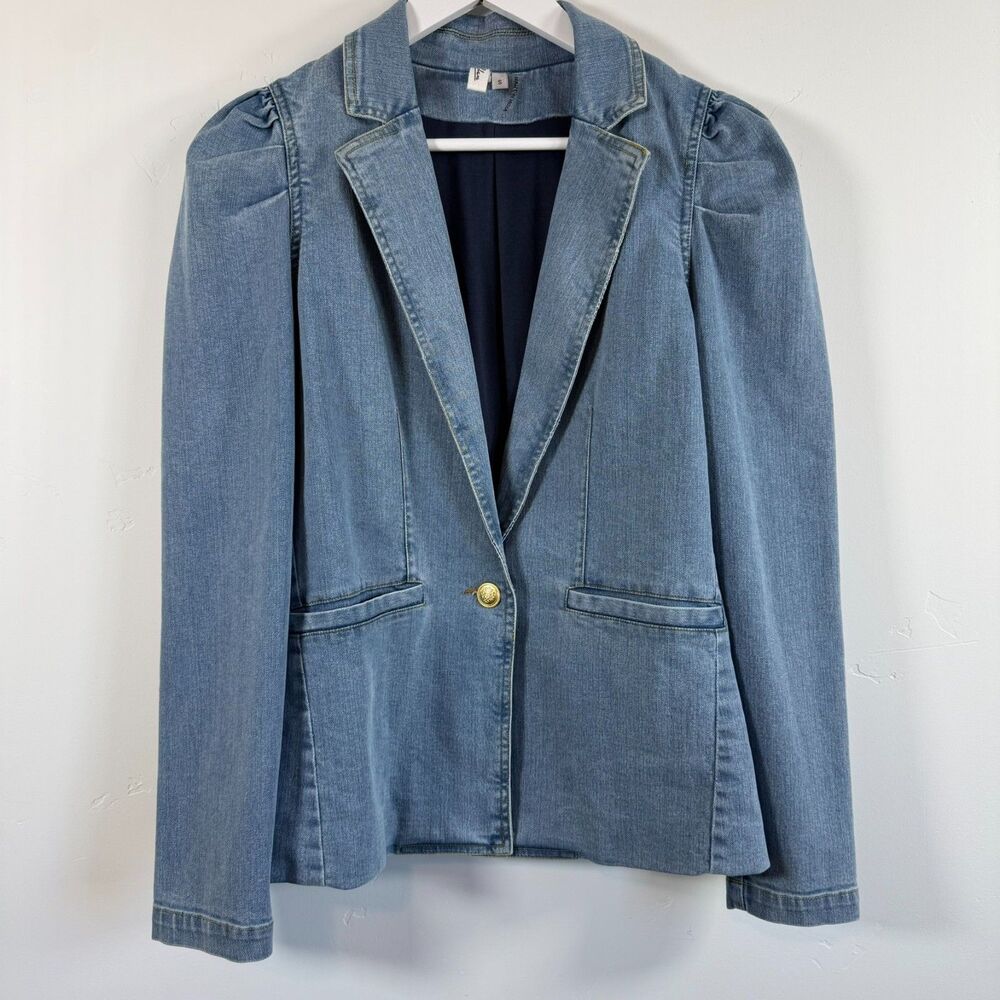 Elan Denim Blazer Jacket Puff Sleeve Casual Career Size Small